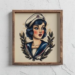 Sailor Jerry Nautical Woman, Sea Vintage Tattoo Flash Portrait, Vintage Ocean